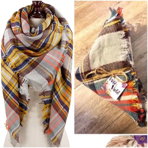 Rust/Teal/Mustard Plaid Blanket Scarf - Picture 2 of 2